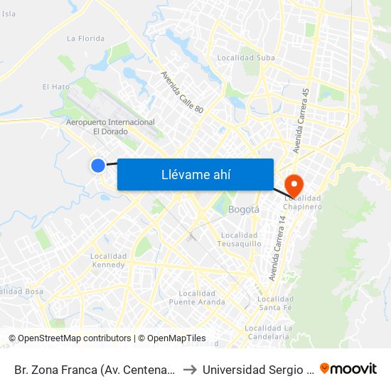 Br. Zona Franca (Av. Centenario - Kr 108a) to Universidad Sergio Arboleda map