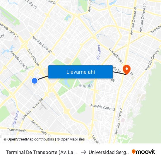 Terminal De Transporte (Av. La Esperanza - Kr 69d) to Universidad Sergio Arboleda map