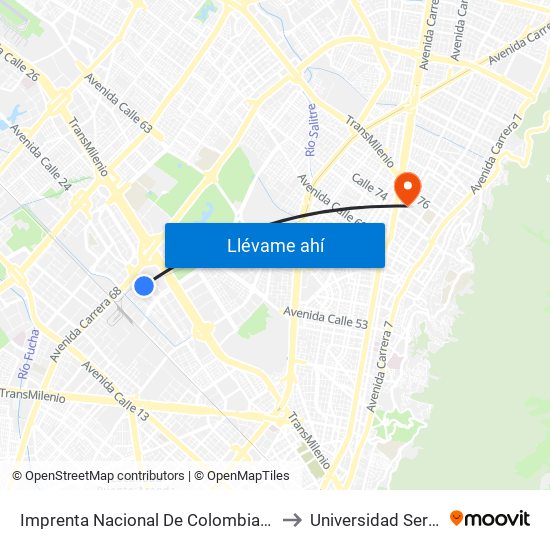 Imprenta Nacional De Colombia (Av. Esperanza - Kr 65) to Universidad Sergio Arboleda map
