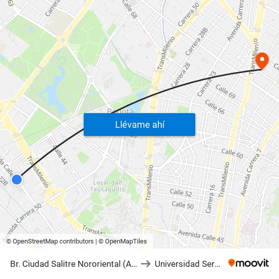 Br. Ciudad Salitre Nororiental (Av. Esperanza - Kr 58) to Universidad Sergio Arboleda map