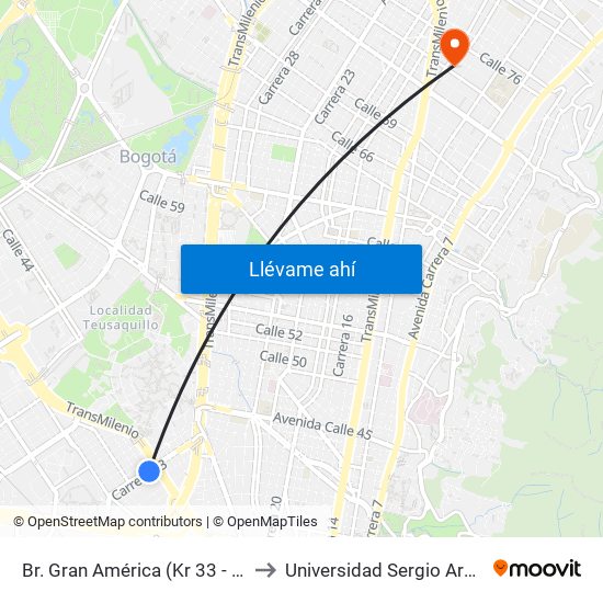 Br. Gran América (Kr 33 - Ac 26) to Universidad Sergio Arboleda map
