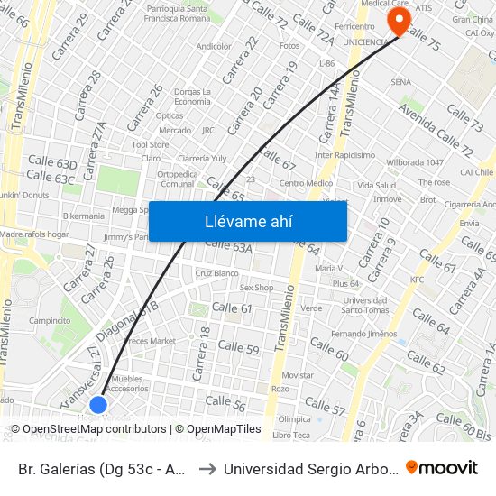Br. Galerías (Dg 53c - Ak 24) to Universidad Sergio Arboleda map