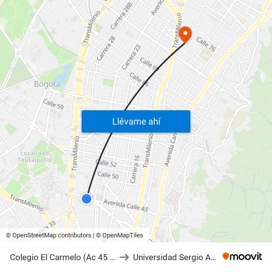 Colegio El Carmelo (Ac 45 - Kr 25a) to Universidad Sergio Arboleda map