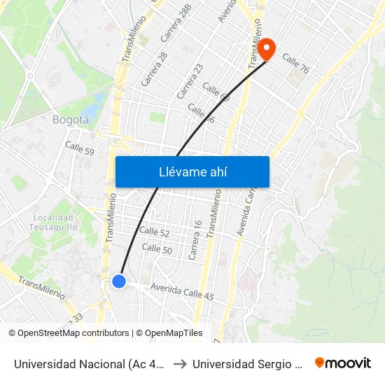 Universidad Nacional (Ac 45 - Kr 27a) to Universidad Sergio Arboleda map