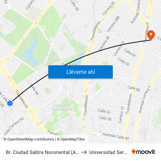 Br. Ciudad Salitre Nororiental (Av. Esperanza - Kr 57) to Universidad Sergio Arboleda map