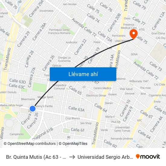 Br. Quinta Mutis (Ac 63 - Kr 26) to Universidad Sergio Arboleda map