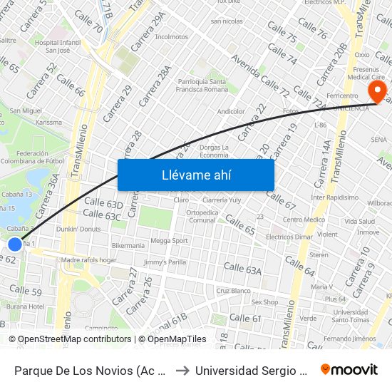 Parque De Los Novios (Ac 63 - Kr 45) to Universidad Sergio Arboleda map