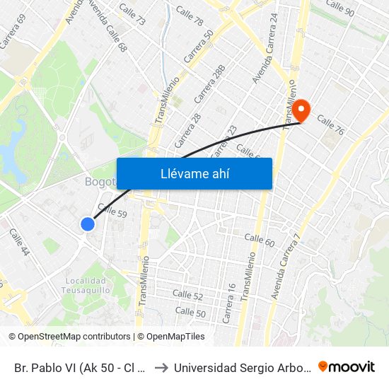 Br. Pablo VI (Ak 50 - Cl 57d) to Universidad Sergio Arboleda map