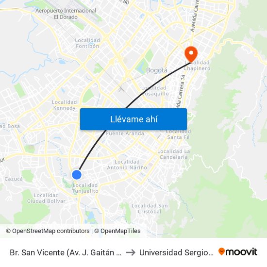 Br. San Vicente (Av. J. Gaitán C. - Cl 54 Sur) to Universidad Sergio Arboleda map