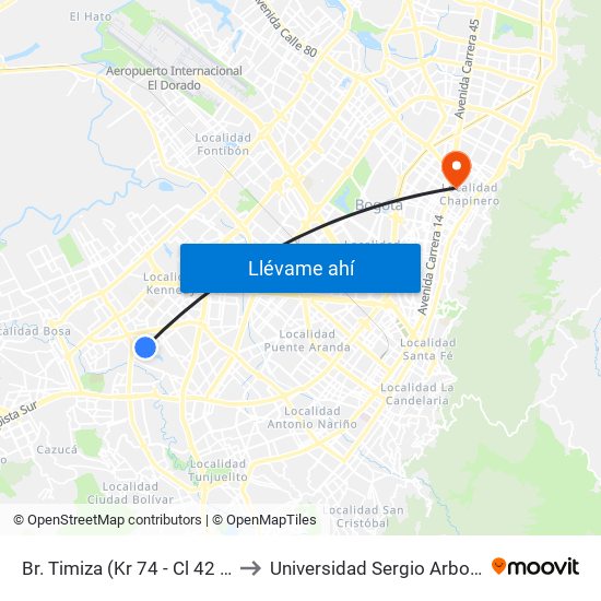 Br. Timiza (Kr 74 - Cl 42 Sur) to Universidad Sergio Arboleda map