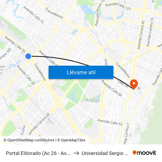 Portal Eldorado (Ac 26 - Av. C. De Cali) to Universidad Sergio Arboleda map