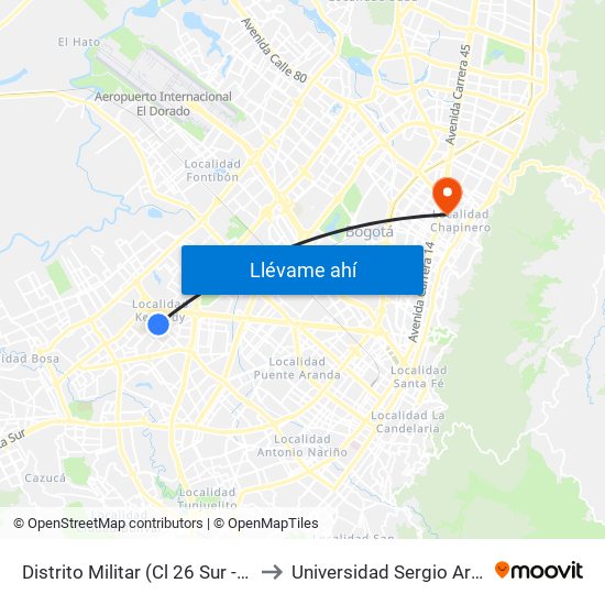 Distrito Militar (Cl 26 Sur - Kr 78h) to Universidad Sergio Arboleda map