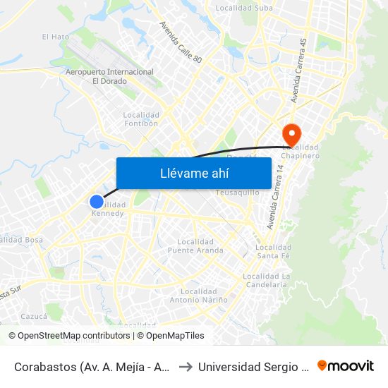 Corabastos (Av. A. Mejía - Av. Américas) to Universidad Sergio Arboleda map