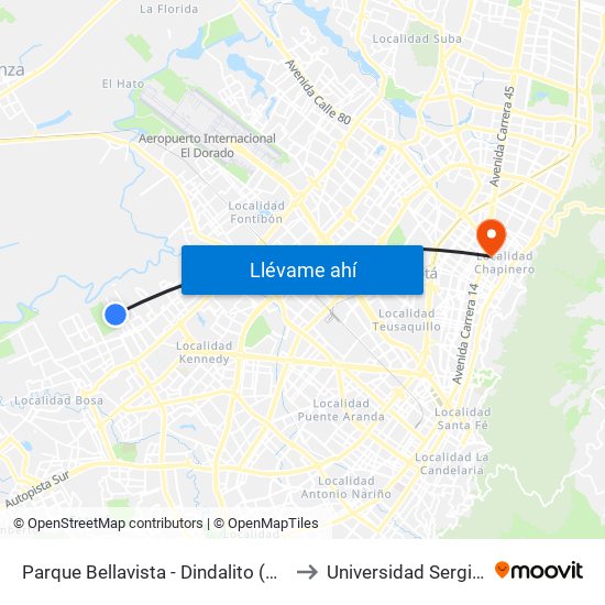 Parque Bellavista - Dindalito (Kr 95 - Cl 42b Sur) to Universidad Sergio Arboleda map
