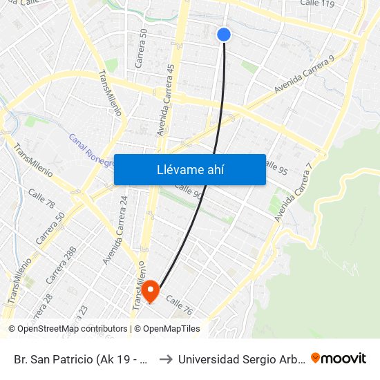 Br. San Patricio (Ak 19 - Cl 108) to Universidad Sergio Arboleda map