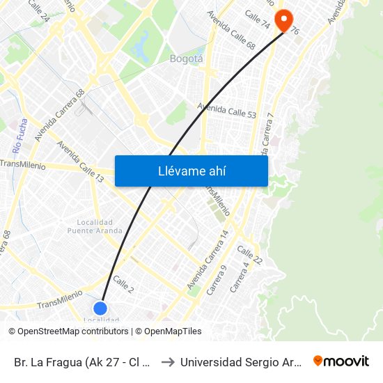 Br. La Fragua (Ak 27 - Cl 14 Sur) to Universidad Sergio Arboleda map