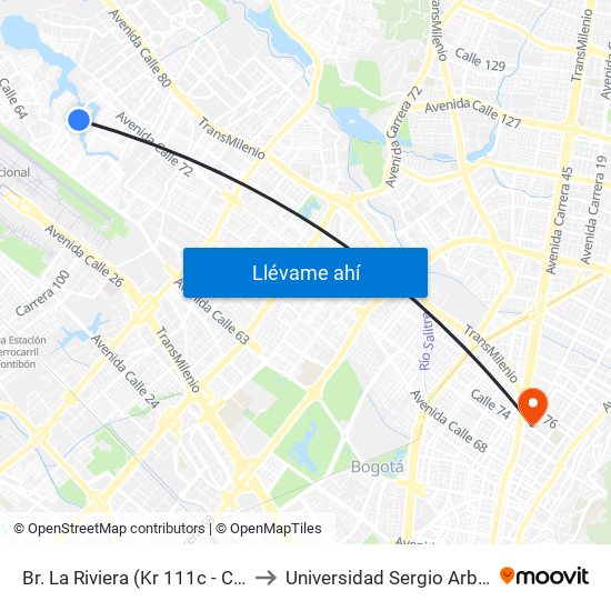Br. La Riviera (Kr 111c - Cl 70b) to Universidad Sergio Arboleda map