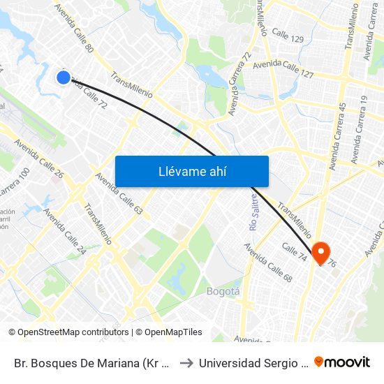 Br. Bosques De Mariana (Kr 106a - Cl 70f) to Universidad Sergio Arboleda map