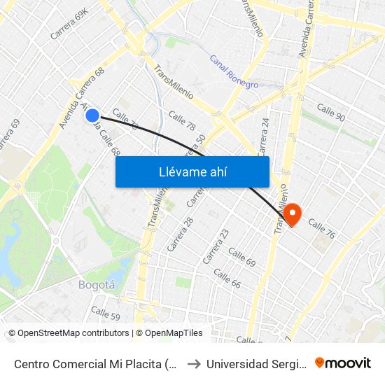 Centro Comercial Mi Placita (Ac 68 - Kr 65) (A) to Universidad Sergio Arboleda map