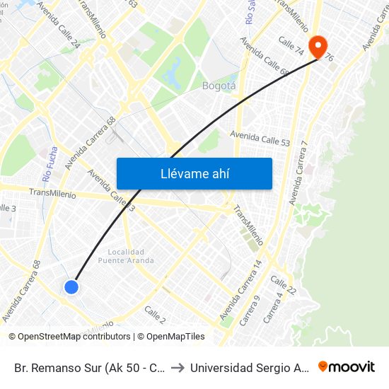 Br. Remanso Sur (Ak 50 - Cl 17 Sur) to Universidad Sergio Arboleda map