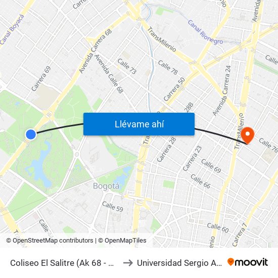 Coliseo El Salitre (Ak 68 - Ac 63) (A) to Universidad Sergio Arboleda map