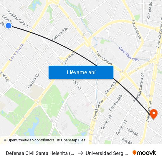 Defensa Civil Santa Helenita (Kr 77a - Cl 69a) to Universidad Sergio Arboleda map