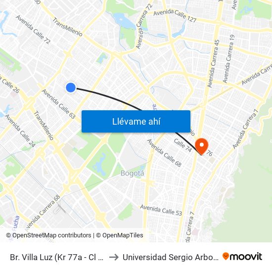 Br. Villa Luz (Kr 77a - Cl 65a) to Universidad Sergio Arboleda map