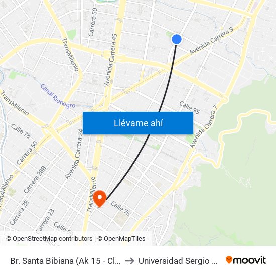 Br. Santa Bibiana (Ak 15 - Cl 105a) (A) to Universidad Sergio Arboleda map