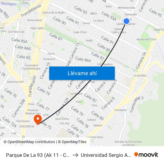 Parque De La 93 (Ak 11 - Cl 93a) (A) to Universidad Sergio Arboleda map