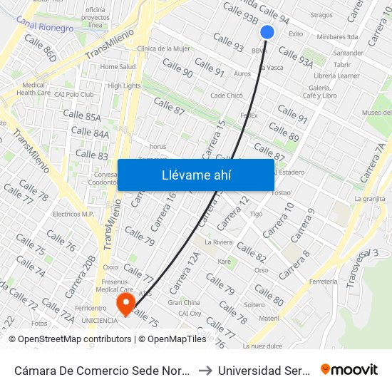 Cámara De Comercio Sede Norte (Ak 15 - Cl 93a) (B) to Universidad Sergio Arboleda map