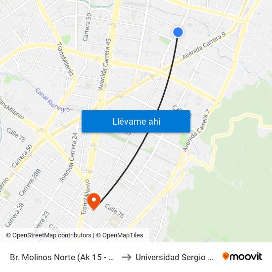 Br. Molinos Norte (Ak 15 - Cl 106) (A) to Universidad Sergio Arboleda map