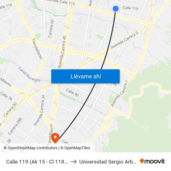 Calle 119 (Ak 15 - Cl 118a) (A) to Universidad Sergio Arboleda map