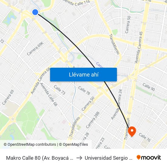 Makro Calle 80 (Av. Boyacá - Ac 80) (A) to Universidad Sergio Arboleda map