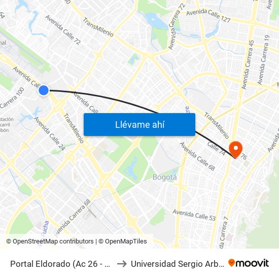 Portal Eldorado (Ac 26 - Ak 96) to Universidad Sergio Arboleda map