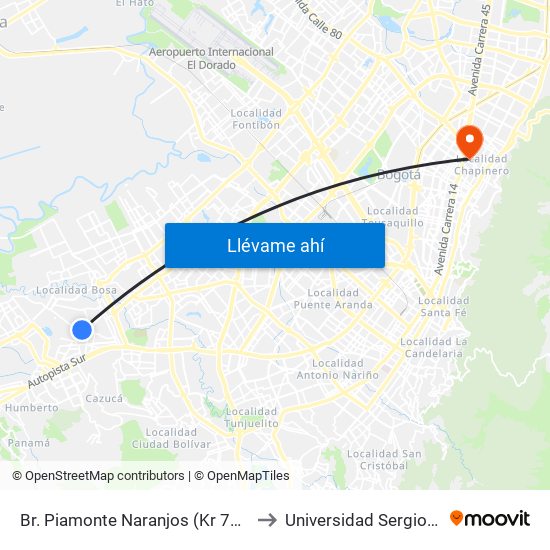 Br. Piamonte Naranjos (Kr 78c - Cl 70 Sur) to Universidad Sergio Arboleda map