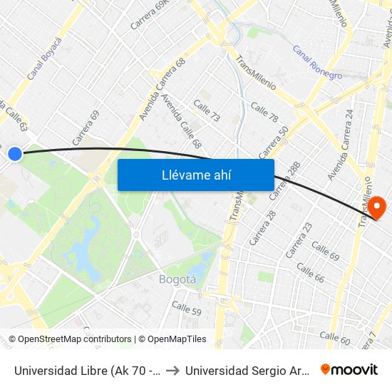 Universidad Libre (Ak 70 - Cl 54) to Universidad Sergio Arboleda map