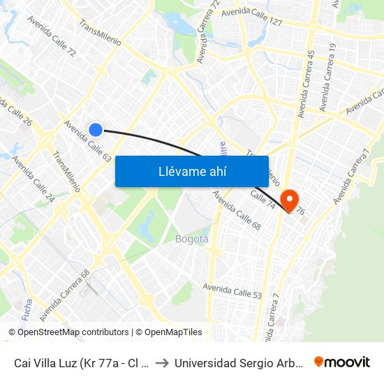 Cai Villa Luz (Kr 77a - Cl 64b) to Universidad Sergio Arboleda map