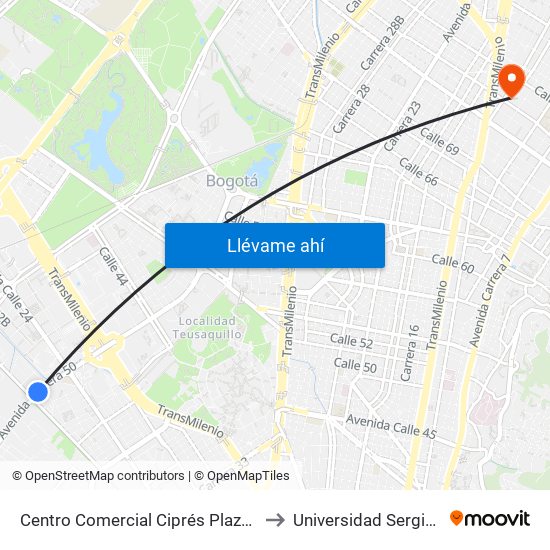 Centro Comercial Ciprés Plaza (Ak 50 - Cl 21) to Universidad Sergio Arboleda map