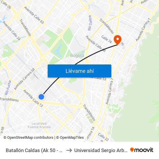 Batallón Caldas (Ak 50 - Ac 17) to Universidad Sergio Arboleda map