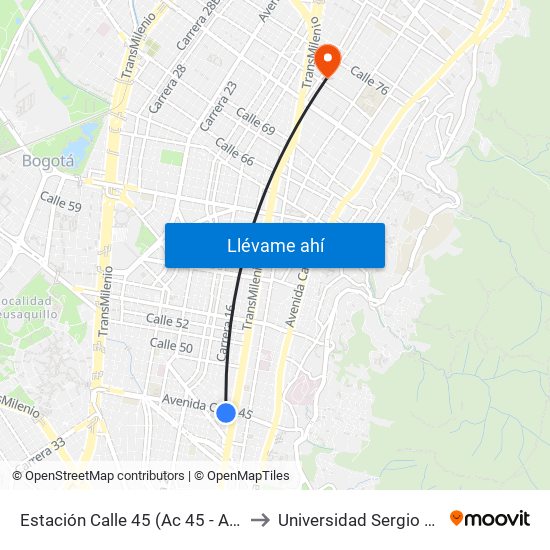 Estación Calle 45 (Ac 45 - Av. Caracas) to Universidad Sergio Arboleda map