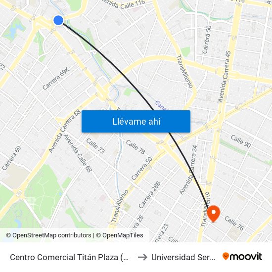 Centro Comercial Titán Plaza (Av. Boyacá - Cl 92) (A) to Universidad Sergio Arboleda map