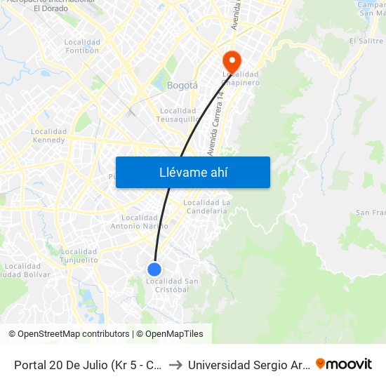 Portal 20 De Julio (Kr 5 - Cl 31 Sur) to Universidad Sergio Arboleda map