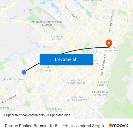 Parque Público Betania (Kr 87 - Cl 51b Sur) to Universidad Sergio Arboleda map