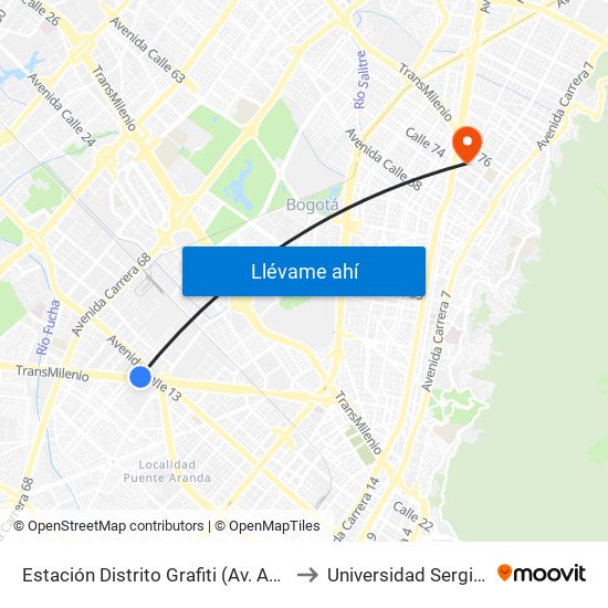 Estación Distrito Grafiti (Av. Américas - Kr 53a) to Universidad Sergio Arboleda map