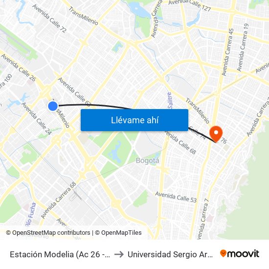 Estación Modelia (Ac 26 - Kr 82) to Universidad Sergio Arboleda map