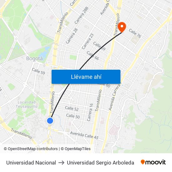 Universidad Nacional to Universidad Sergio Arboleda map