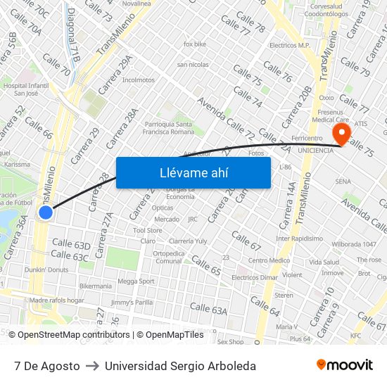 7 De Agosto to Universidad Sergio Arboleda map