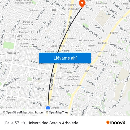 Calle 57 to Universidad Sergio Arboleda map