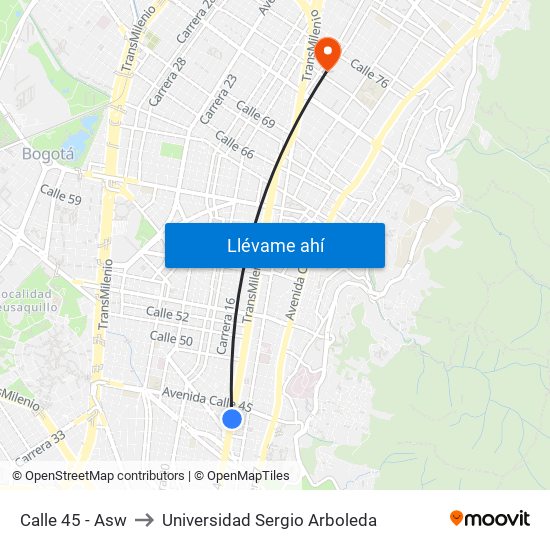 Calle 45 - Asw to Universidad Sergio Arboleda map