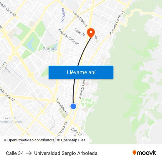 Calle 34 to Universidad Sergio Arboleda map